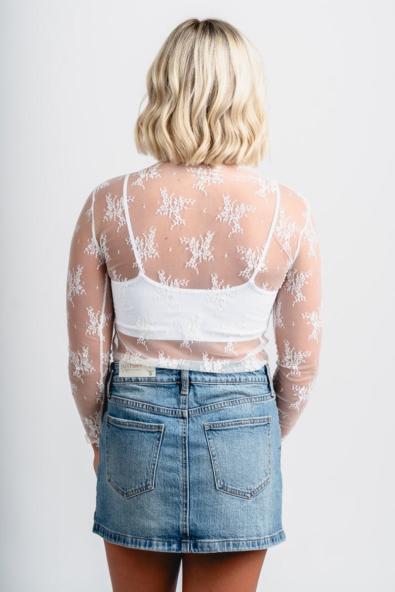 Long sleeve lace mesh top white