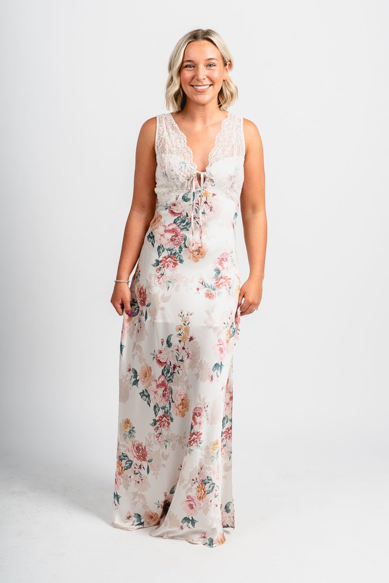 Lace trim floral midi dress rose cloud - Cute dress - Trendy Dresses at Lush Fashion Lounge Boutique in Oklahoma City