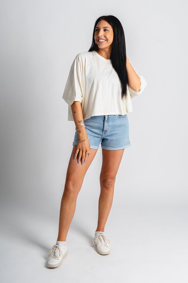 Boxy crop t-shirt off white - Fun top - Unique Getaway Gear at Lush Fashion Lounge Boutique in Oklahoma