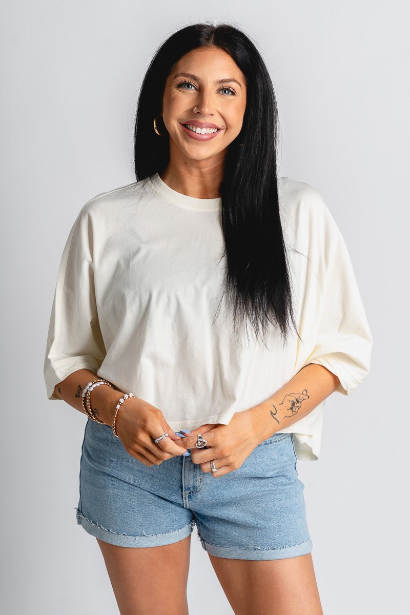 Boxy crop t-shirt off white - Cute top - Fun Vacay Basics at Lush Fashion Lounge Boutique in Oklahoma City