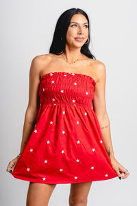 Smocked star ruffle dress red - Affordable dress - Boutique Dresses at Lush Fashion Lounge Boutique in Oklahoma City
