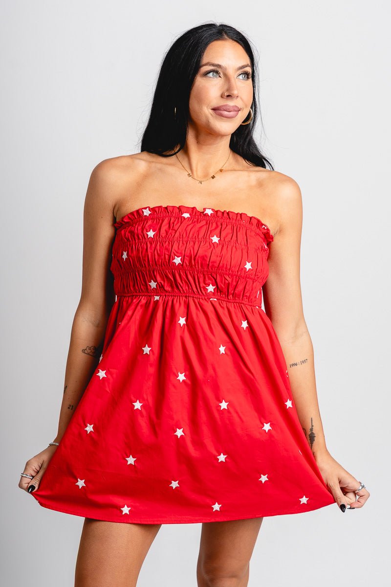 Smocked star ruffle dress red - Affordable dress - Boutique Dresses at Lush Fashion Lounge Boutique in Oklahoma City