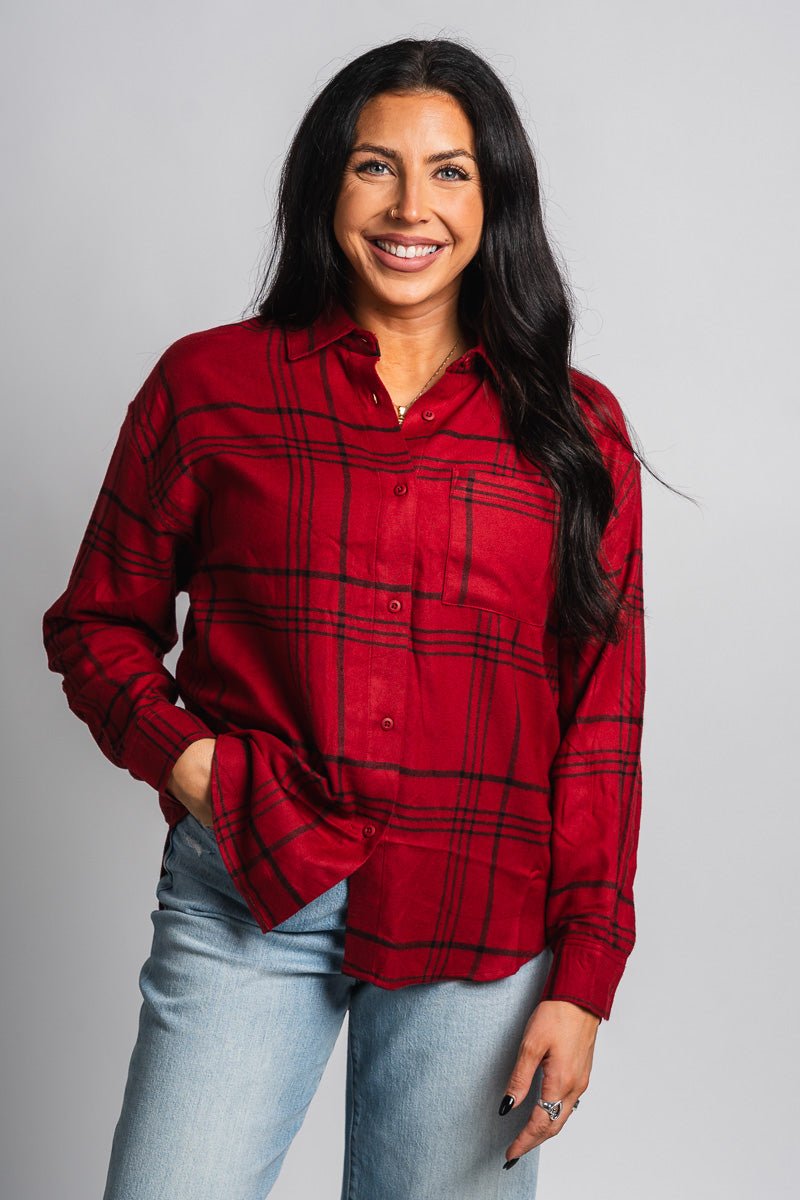 Z Supply river plaid button up top red dahlia - Z Supply top - Z Supply Apparel at Lush Fashion Lounge Trendy Boutique Oklahoma City