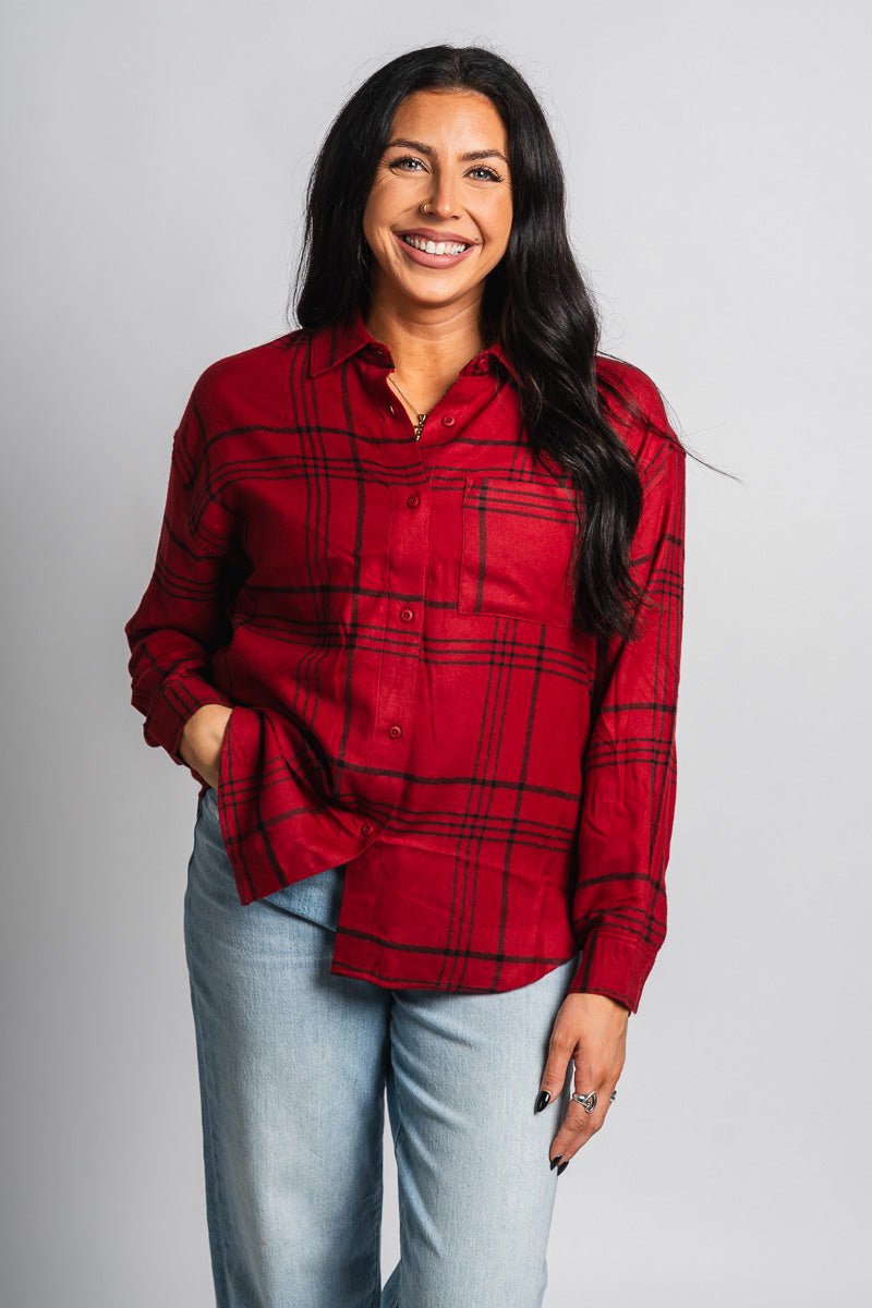 Z Supply river plaid button up top red dahlia - Z Supply top - Z Supply Fashion at Lush Fashion Lounge Trendy Boutique Oklahoma City