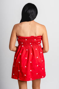 Smocked star ruffle dress red - Adorable dress - Stylish Patriotic Summer Graphic Tees at Lush Fashion Lounge Boutique in OKC