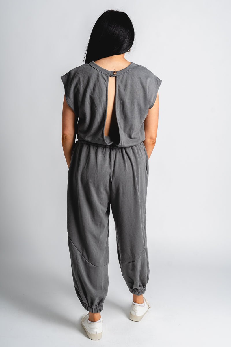French terry jumpsuit dark grey - Affordable Jumpsuit - Boutique Rompers & Pantsuits at Lush Fashion Lounge Boutique in Oklahoma City
