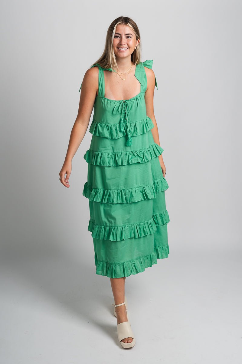 Ruffle maxi dress green - Stylish dress - Trendy Staycation Outfits at Lush Fashion Lounge Boutique in Oklahoma City