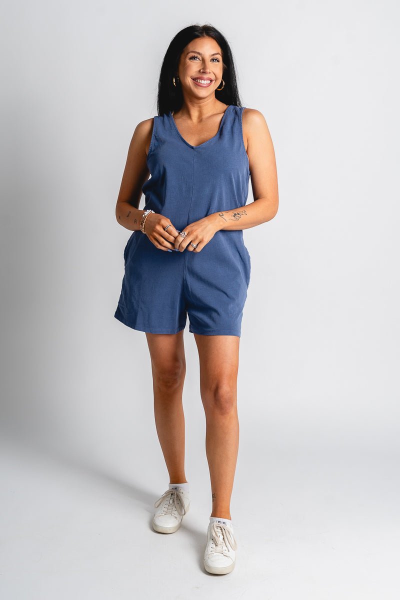Sleeveless v-neck romper dusty indigo Stylish Romper - Womens Fashion Rompers & Pantsuits at Lush Fashion Lounge Boutique in Oklahoma City