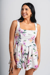 Tie back floral romper white - Affordable Romper - Boutique Rompers & Pantsuits at Lush Fashion Lounge Boutique in Oklahoma City