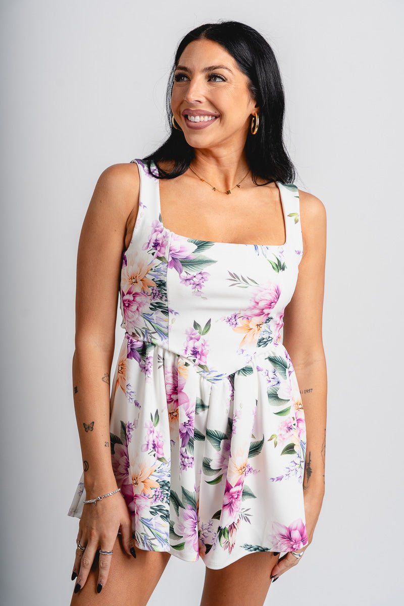 Tie back floral romper white - Affordable Romper - Boutique Rompers & Pantsuits at Lush Fashion Lounge Boutique in Oklahoma City