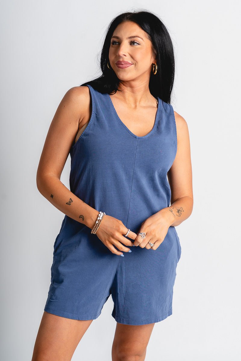Sleeveless v-neck romper dusty indigo - Affordable Romper - Boutique Rompers & Pantsuits at Lush Fashion Lounge Boutique in Oklahoma City