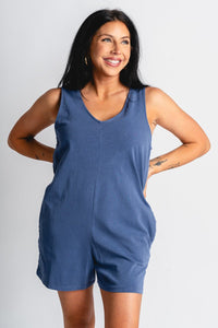 Sleeveless v-neck romper dusty indigo - Cute Romper - Trendy Rompers and Pantsuits at Lush Fashion Lounge Boutique in Oklahoma City