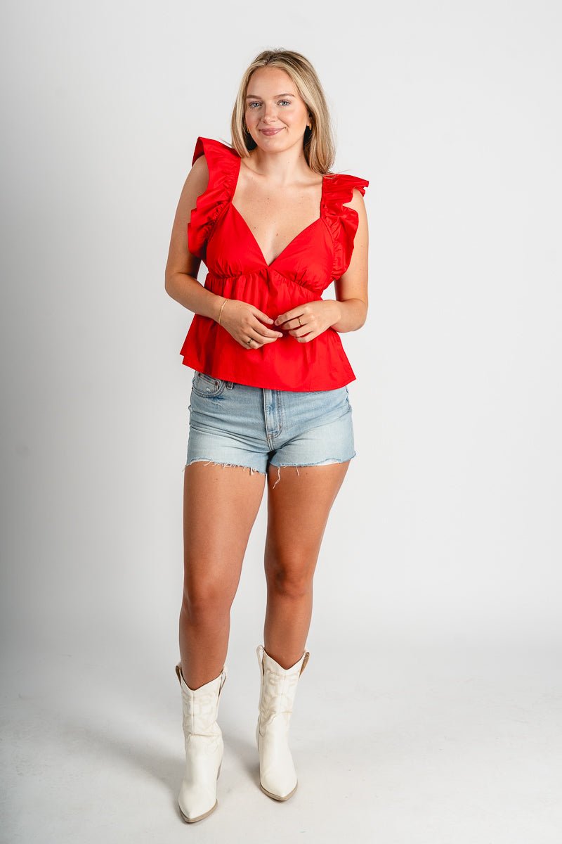 Ruffle sleeve tie back top red
