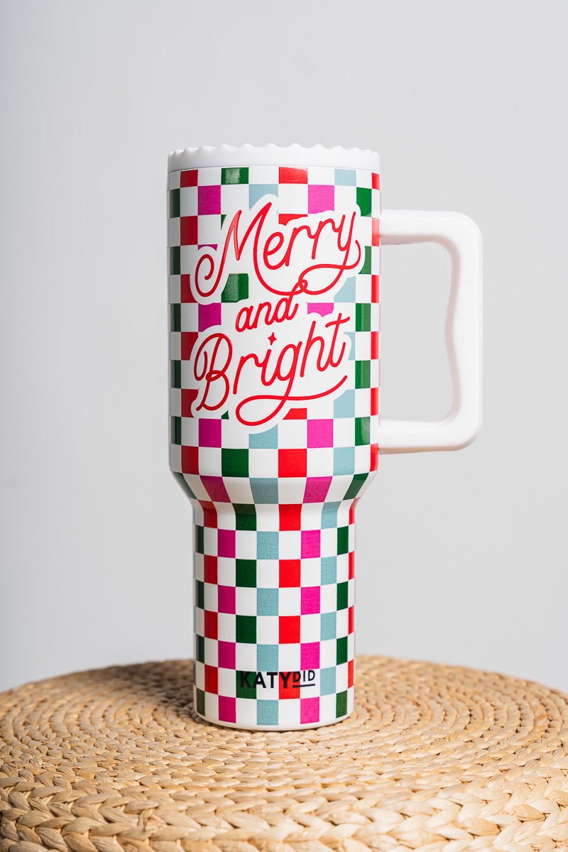 Merry & bright tumbler cup white - Trendy Holiday Apparel at Lush Fashion Lounge Boutique in Oklahoma City