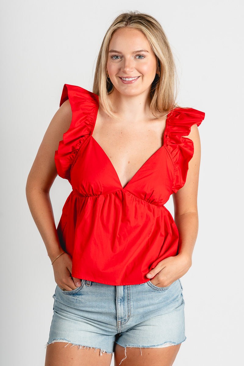Ruffle sleeve tie back top red