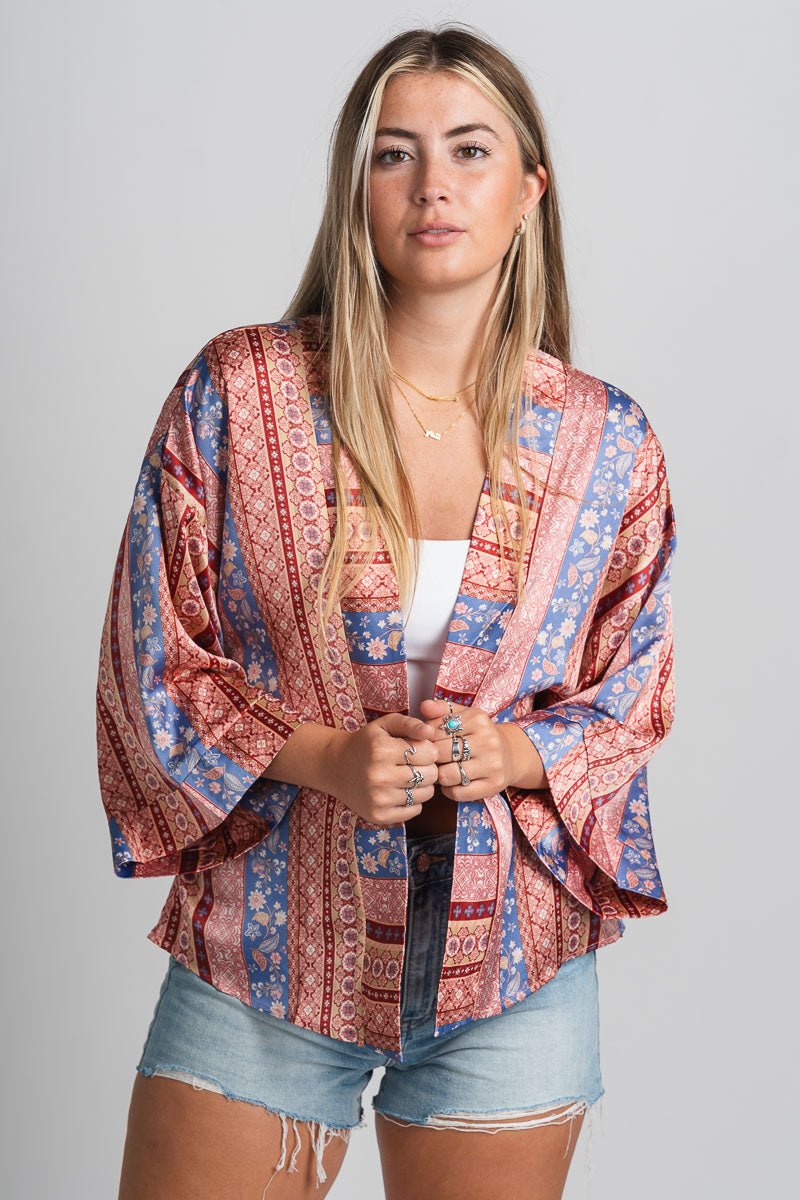 Satin kimono cardigan red/blue - Cute Cardigan - Trendy Cardigans & Stylish Kimonos at Lush Fashion Lounge Boutique in Oklahoma City