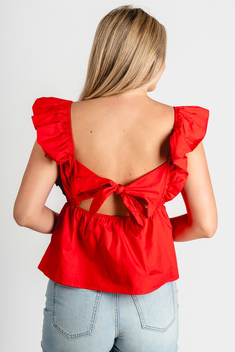 Ruffle sleeve tie back top red