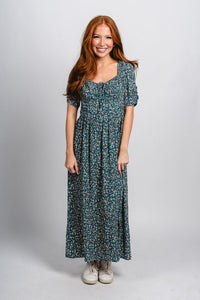 Floral square neck midi dress teal - Trendy dress - Fashion Dresses at Lush Fashion Lounge Boutique in Oklahoma City