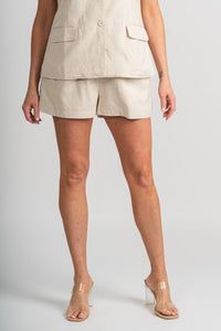 Linen shorts natural Stylish Shorts - Womens Fashion Shorts at Lush Fashion Lounge Boutique in Oklahoma City