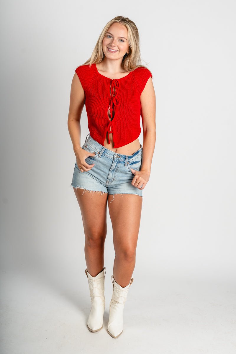 Tie front sleeveless sweater top red – Unique Sweaters | Lounging Sweaters and Womens Fashion Sweaters at Lush Fashion Lounge Boutique in Oklahoma City