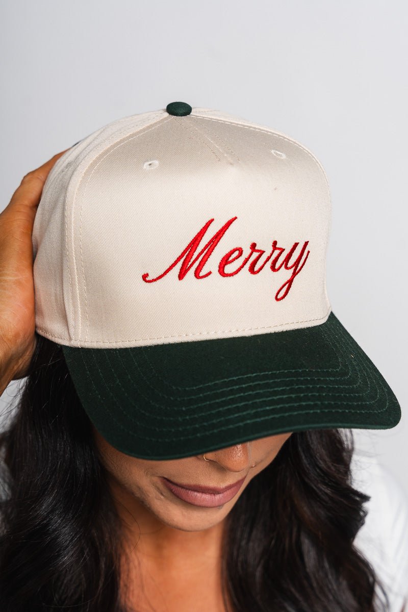 Merry script two tone hat cream/green - Trendy Holiday Apparel at Lush Fashion Lounge Boutique in Oklahoma City