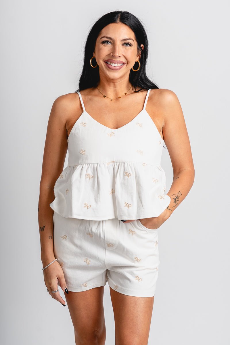 Bow shorts white - Affordable shorts - Boutique Shorts at Lush Fashion Lounge Boutique in Oklahoma City