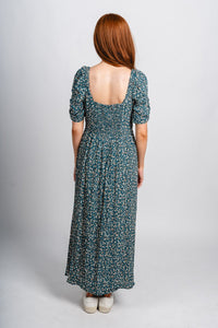 Floral square neck midi dress teal - Affordable dress - Boutique Dresses at Lush Fashion Lounge Boutique in Oklahoma City