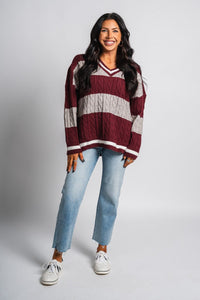 Cable knit varsity sweater garnet grey - Trendy Sweaters | Cute Pullover Sweaters at Lush Fashion Lounge Boutique in Oklahoma City