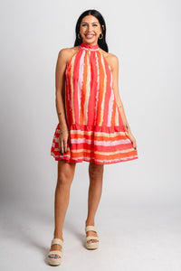 Watercolor halter mini dress coral - Stylish dress - Trendy Staycation Outfits at Lush Fashion Lounge Boutique in Oklahoma City