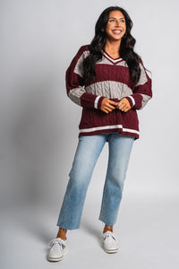 Cable knit varsity sweater garnet grey – Unique Sweaters | Lounging Sweaters and Womens Fashion Sweaters at Lush Fashion Lounge Boutique in Oklahoma City