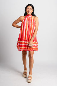 Watercolor halter mini dress coral - Fun dress - Unique Getaway Gear at Lush Fashion Lounge Boutique in Oklahoma