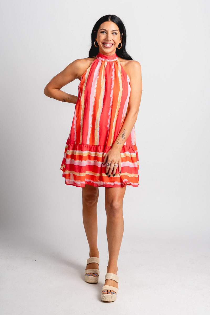 Watercolor halter mini dress coral - Fun dress - Unique Getaway Gear at Lush Fashion Lounge Boutique in Oklahoma