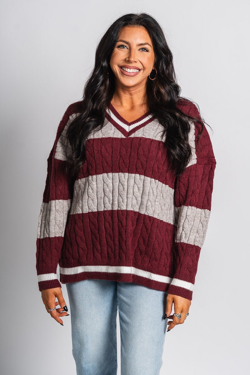 Cable knit varsity sweater garnet grey – Stylish Sweaters | Boutique Sweaters at Lush Fashion Lounge Boutique in Oklahoma City