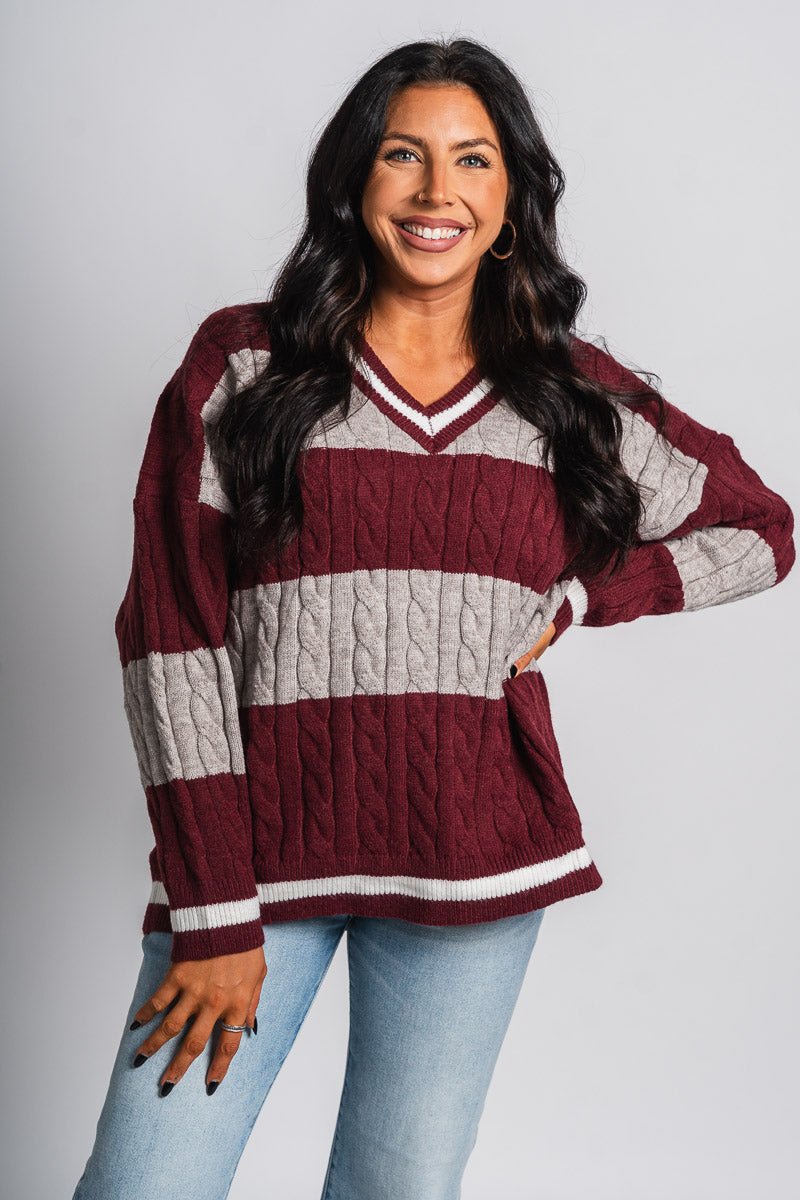 Cable knit varsity sweater garnet grey – Boutique Sweaters | Fashionable Sweaters at Lush Fashion Lounge Boutique in Oklahoma City