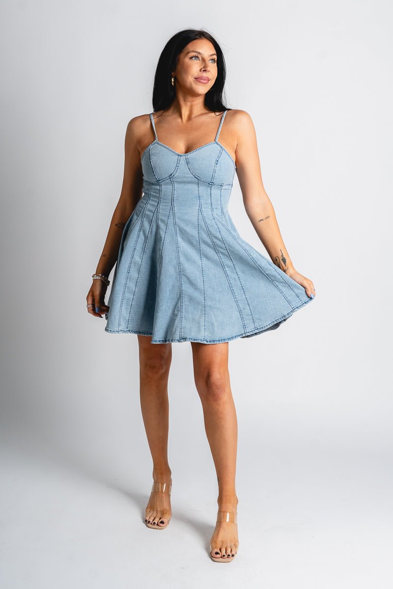 Bustier denim dress blue Stylish dress - Womens Fashion Dresses at Lush Fashion Lounge Boutique in Oklahoma City