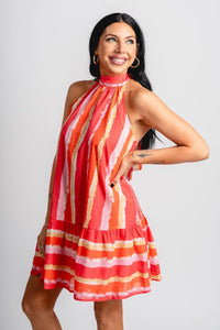 Watercolor halter mini dress coral - Trendy dress - Cute Vacation Collection at Lush Fashion Lounge Boutique in Oklahoma City