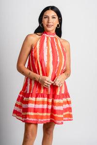Watercolor halter mini dress coral - Affordable dress - Boutique Dresses at Lush Fashion Lounge Boutique in Oklahoma City