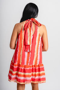 Watercolor halter mini dress coral - Adorable dress - Stylish Vacation T-Shirts at Lush Fashion Lounge Boutique in Oklahoma City