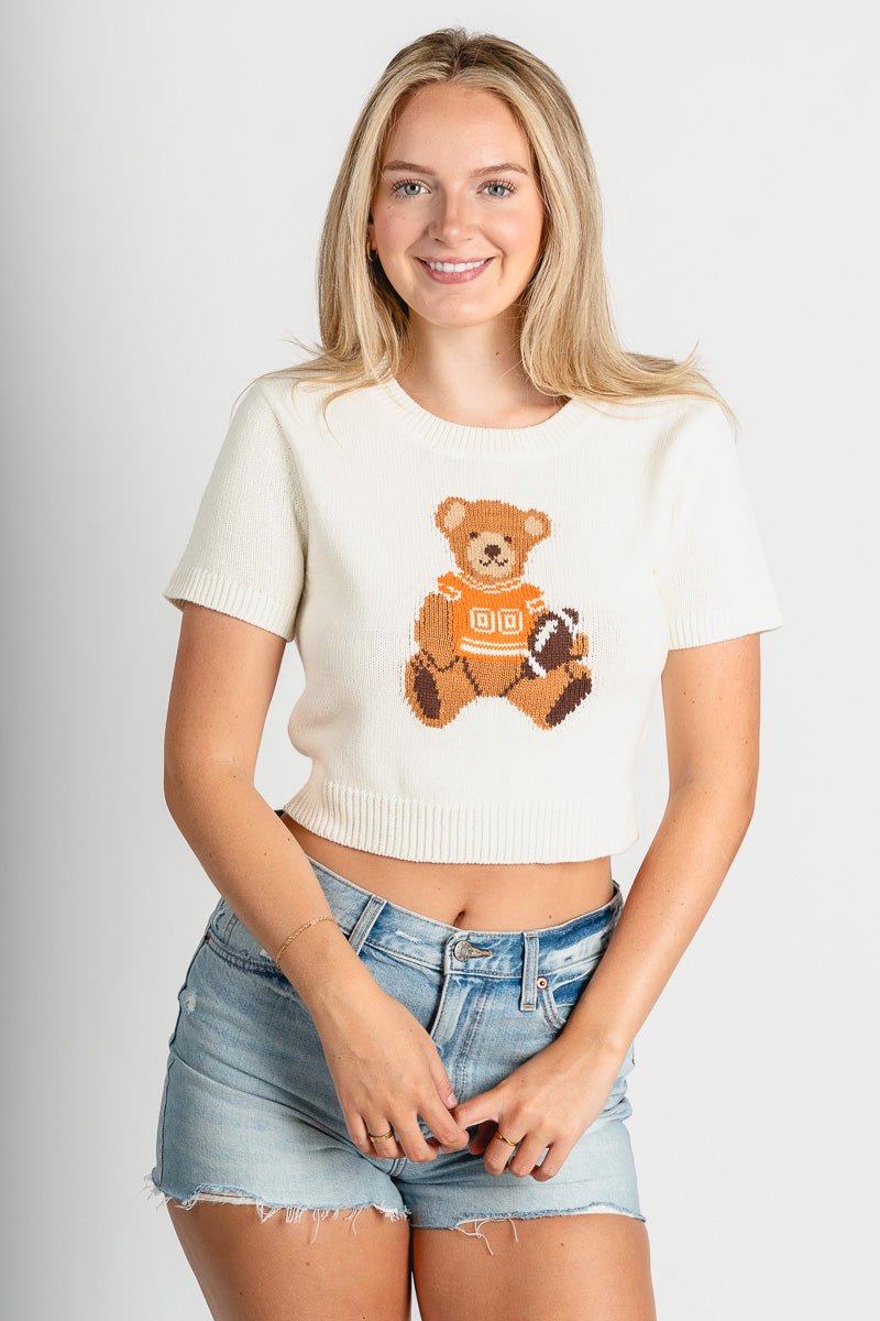 Game day teddy bear short sleeve sweater white/orange – Stylish Sweaters | Boutique Sweaters at Lush Fashion Lounge Boutique in Oklahoma City