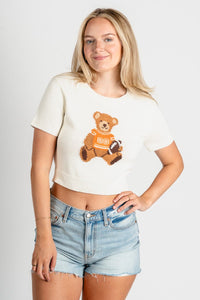 Game day teddy bear short sleeve sweater white/orange – Boutique Sweaters | Fashionable Sweaters at Lush Fashion Lounge Boutique in Oklahoma City