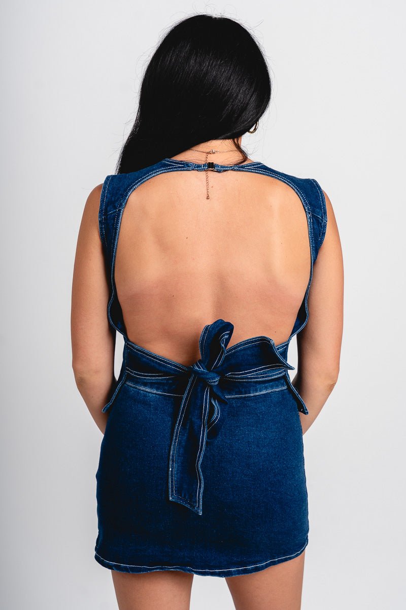 Open back sleeveless denim top dark denim