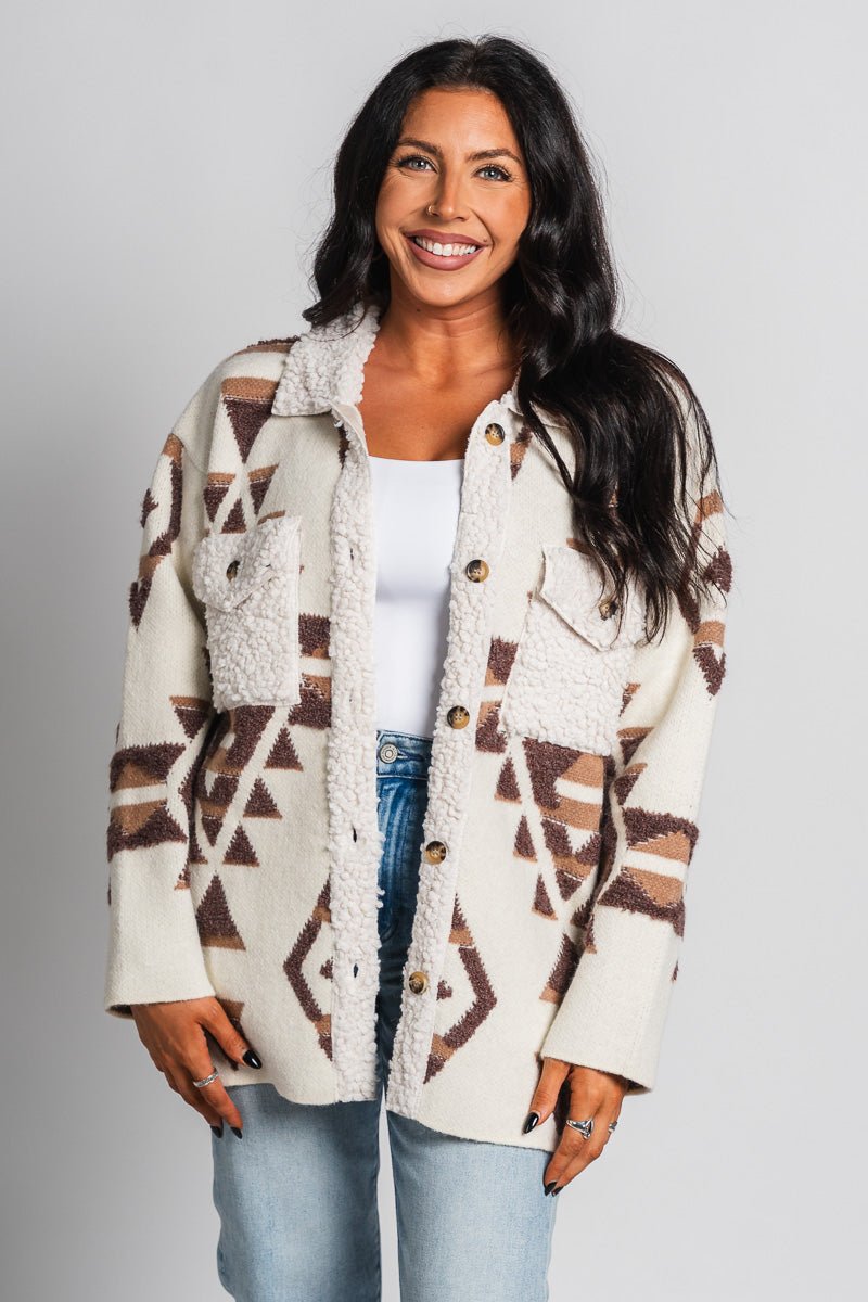 Abstract sherpa jacket cream/brown – Affordable Blazers | Cute Black Jackets at Lush Fashion Lounge Boutique in Oklahoma City