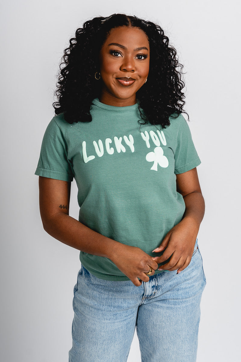 Lucky you puff comfort colors t-shirt green - Unique St. Patrick's Day T-Shirt Designs at Lush Fashion Lounge Boutique in Oklahoma City