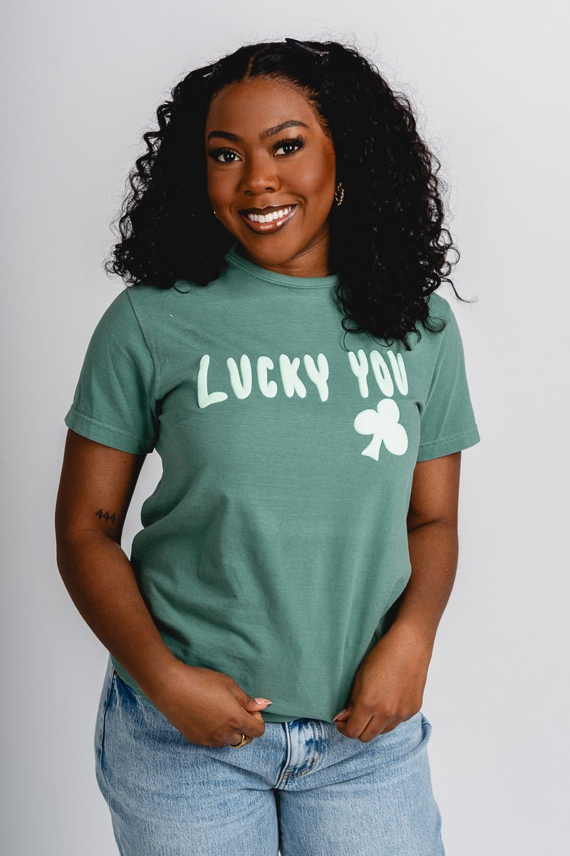 Lucky you puff comfort colors t-shirt green - Trendy T-Shirts for St. Patrick's Day at Lush Fashion Lounge Boutique in Oklahoma City