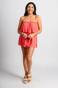 Strapless ruffle romper coral Stylish Romper - Womens Fashion Rompers & Pantsuits at Lush Fashion Lounge Boutique in Oklahoma City