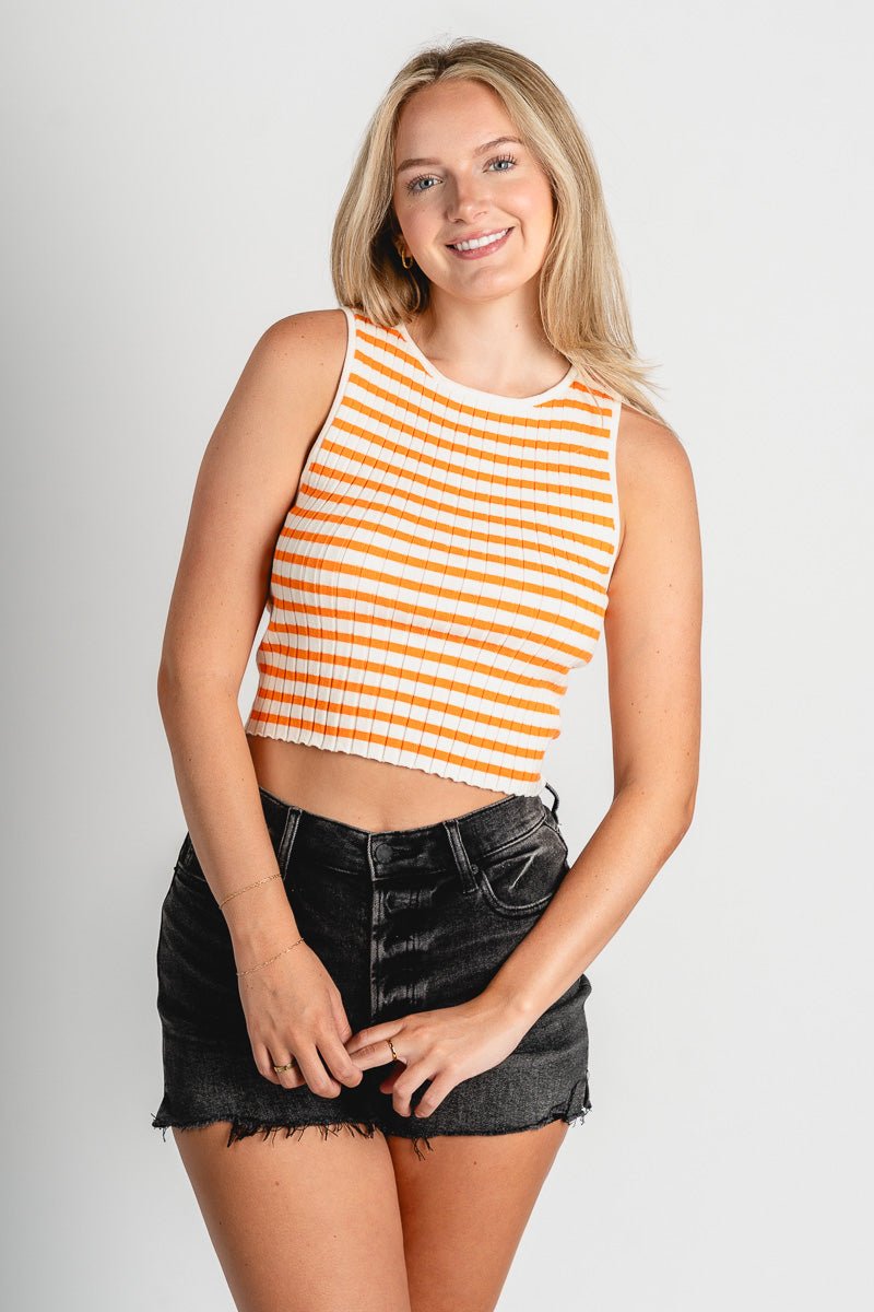 Striped ribbed tank top white/orange - Affordable Tank Top - Boutique Tank Tops at Lush Fashion Lounge Boutique in Oklahoma City