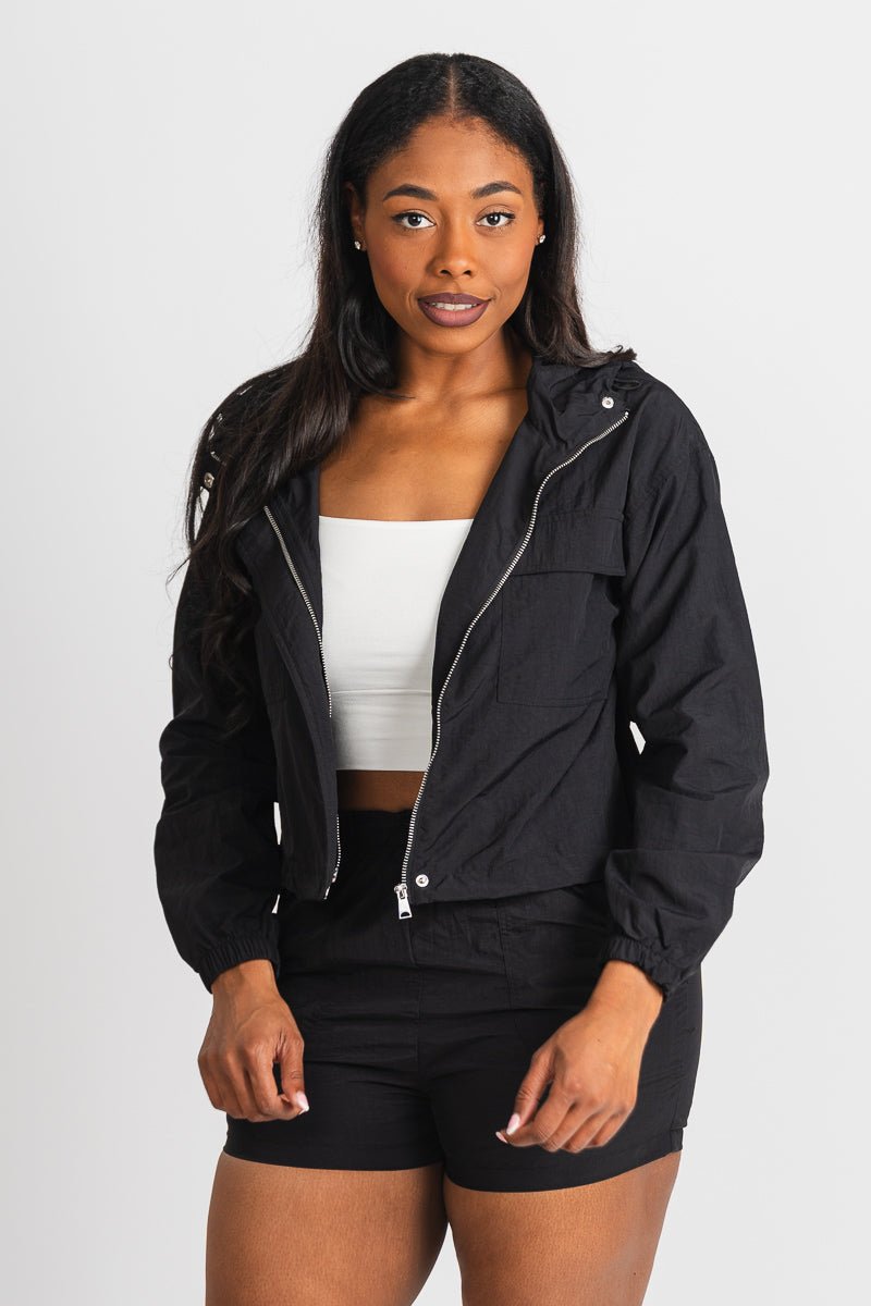 Zip up windbreaker black - Trendy jacket - Cute Loungewear Collection at Lush Fashion Lounge Boutique in Oklahoma City