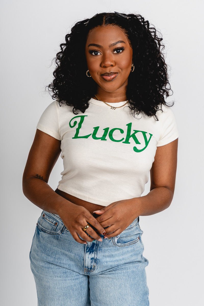 Lucky baby tee natural - Trendy T-Shirts for St. Patrick's Day at Lush Fashion Lounge Boutique in Oklahoma City