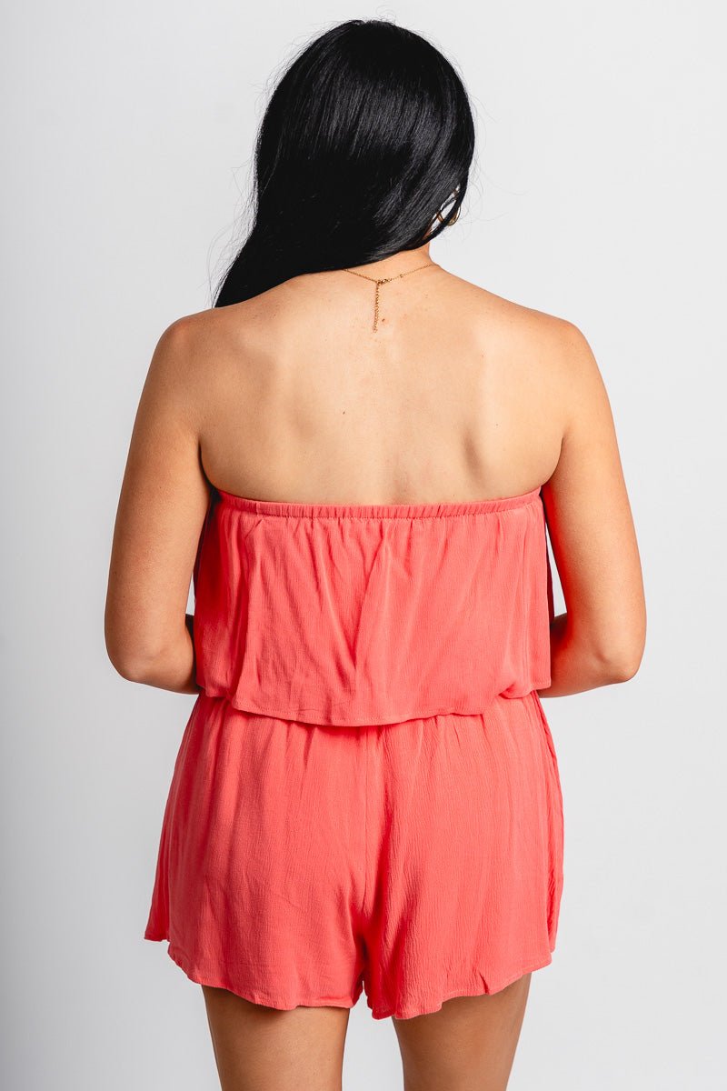 Strapless ruffle romper coral