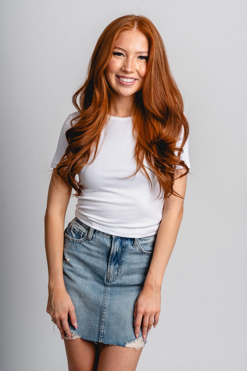 Hidden Peyton high rise denim skirt medium blue | Lush Fashion Lounge: boutique fashion skirts, affordable boutique skirts, cute affordable skirts